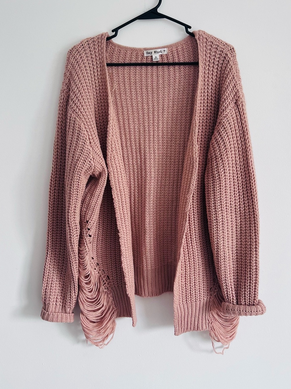 Say What? Women's Blush Pink Open-Front Chunky Knit Cardigan with Fringe
